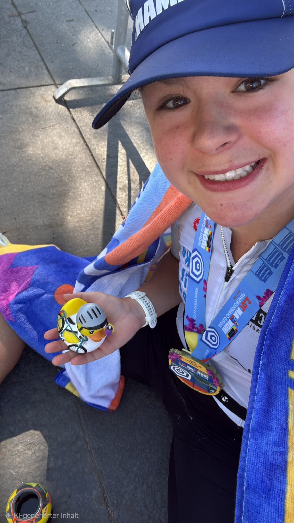 Lia Kapp nach dem Zieleinlauf mit Medaille in Nizza